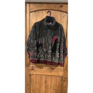 Mazmania Vtg Fleece Sweater Jacket Womens S Black‎ Horseback Hunters Dogs Woods